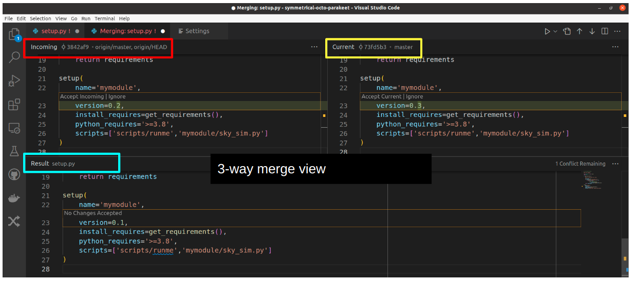 VSCode Git merge 3 way view