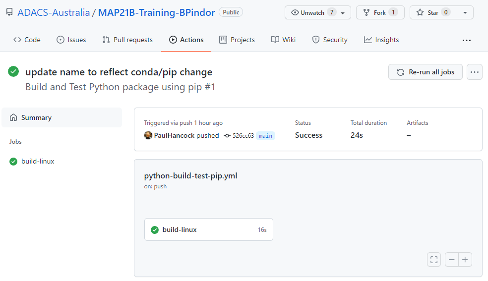 A completed workflow on the actions page