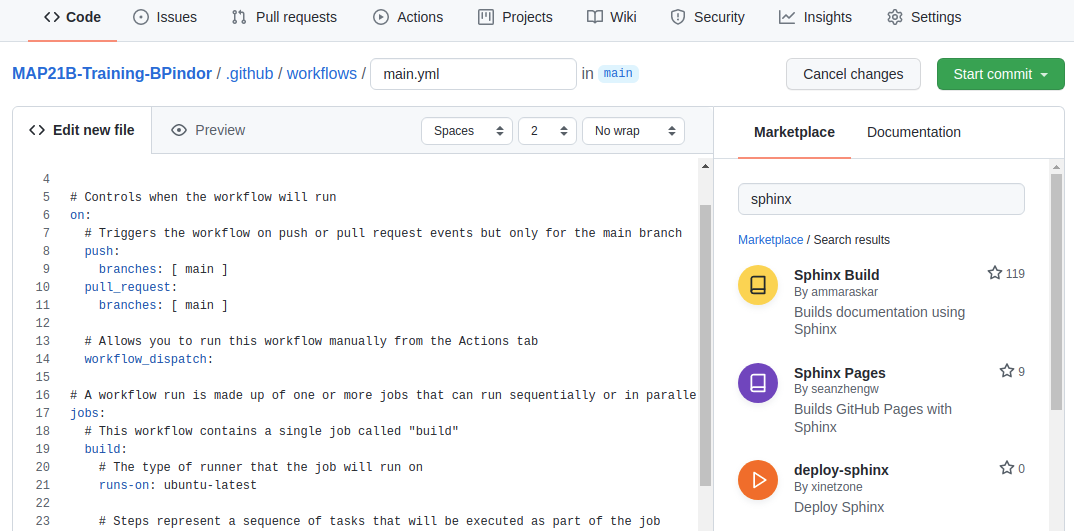 Choosing the sphinx build workflow from the marketplace