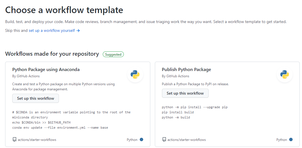Python workflow templates available on Github