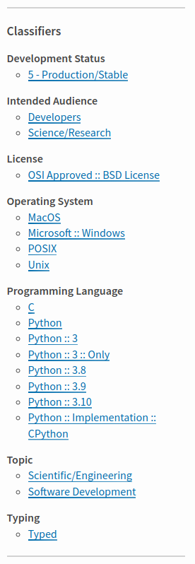 The classifiers for numpy as shown on pypi.org
