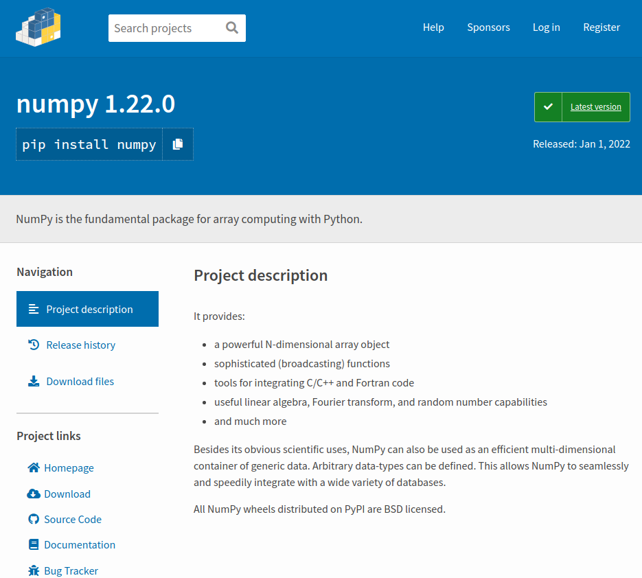 Numpy package entry on pypi.org