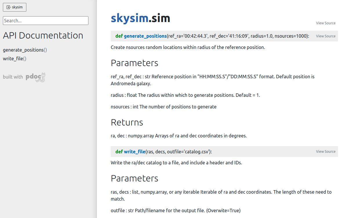 Documentation rendered by pandoc for the skysim.sim module